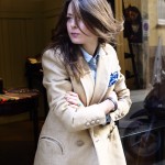 Lidia Pellecchia, owner of Artisanal Milano wears a Blaze' made-to-order blazer with a Neapolitan pocket square sold in her store.