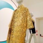 The Audrey Dress in gold laminated and laser cut lycra with macrame' effect. Photo by Sofia Celeste